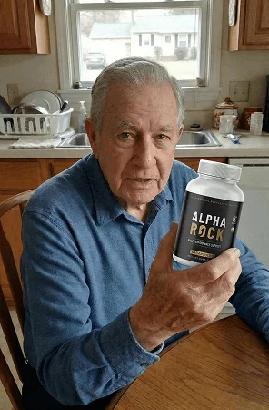 Older man at his kitchen table with a bottle of AlphaRock