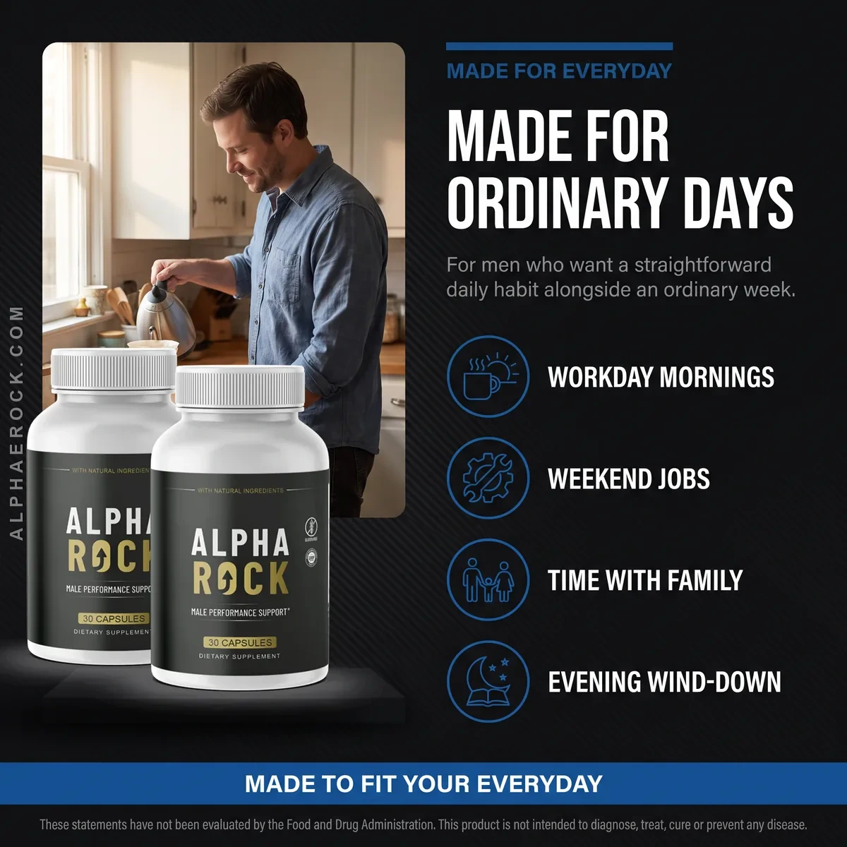 AlphaRock is made for ordinary days: adult men supporting energy and stamina alongside diet and exercise