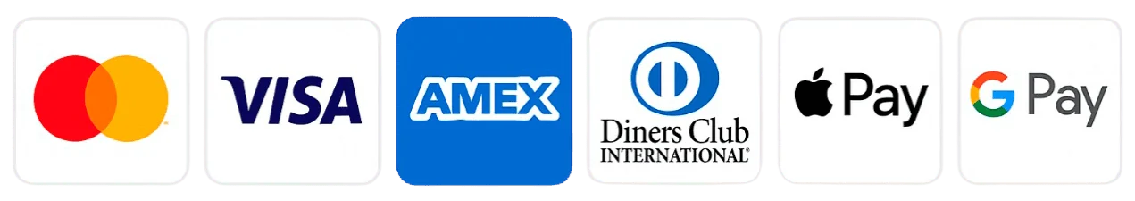 Accepted payment methods: Mastercard, Visa, American Express, Discover, Apple Pay and Google Pay