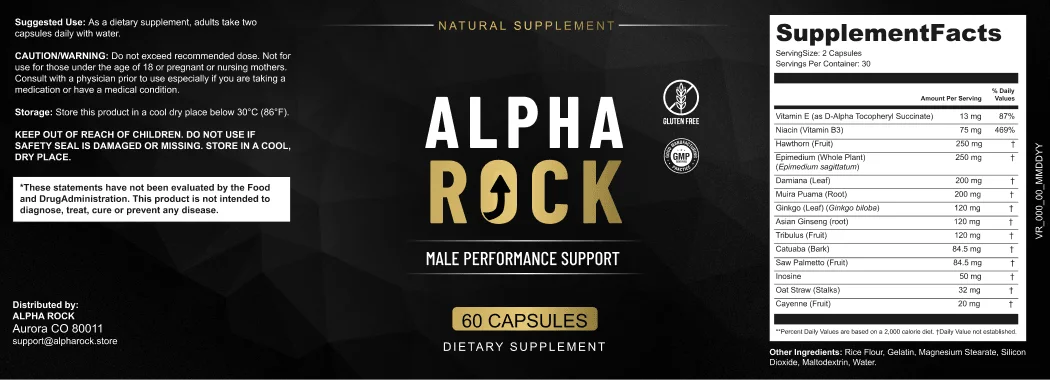 AlphaRock Supplement Facts label showing niacin, vitamin E and the full botanical blend